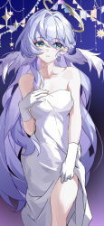  absurdres bare_shoulders blue_hair breasts collarbone dress evzeva female gloves green_eyes halo head_wings highres honkai:_star_rail honkai_(series) large_breasts long_hair looking_to_the_side robin_(honkai:_star_rail) solo thighs white_dress white_gloves wings 