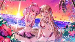  2girls :d arm_garter armlet assault_lily bare_arms bare_shoulders beach beach_towel bikini bikini_skirt black_bikini blonde_hair blush bracelet breasts bush cleavage commentary_request copyright_notice criss-cross_halter cross-laced_bikini cross-laced_clothes dutch_angle endou_araya evening fingernails flower frilled_bikini frills gradient_sky hair_between_eyes hair_flower hair_ornament hair_ribbon hairpods halterneck hand_on_own_cheek hand_on_own_face hand_to_own_mouth heart heart_necklace hibiscus high_ponytail horizon jewelry layered_bikini long_hair looking_at_viewer medium_breasts multi-strapped_bikini_bottom multicolored_bikini multiple_girls nail_polish navel necklace ocean oerba_yun_fang official_alternate_costume official_alternate_hairstyle official_art okada_kisara on_ground open_mouth orange_sky palm_tree panty_straps parted_lips pink_bikini pink_eyes pink_hair ponytail purple_sky red_bikini red_eyes red_flower red_nails red_ribbon red_rose ribbon ring rose shoulder_tattoo side-tie_bikini_bottom sitting sky smile sparkle stomach sun sunset swimsuit tattoo thigh_strap towel tree two-tone_bikini umeno_shii very_long_hair white_bikini white_ribbon wrist_cuffs yokozuwari 