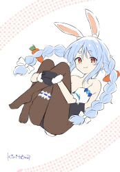  animal_ear_fluff animal_ears bare_shoulders black_gloves black_leotard bow braid brown_eyes carrot_hair_ornament closed_mouth commentary_request detached_sleeves female food-themed_hair_ornament full_body fur-trimmed_gloves fur_trim gloves hair_ornament hairbow highres hololive hugging_own_legs kiritoma leotard long_hair no_shoes puffy_short_sleeves puffy_sleeves rabbit-shaped_pupils rabbit_ears short_sleeves signature smile solo strapless strapless_leotard symbol-shaped_pupils twin_braids twintails usada_pekora usada_pekora_(1st_costume) very_long_hair virtual_youtuber white_background white_bow white_sleeves 