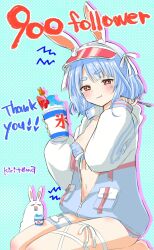  :t animal_ear_fluff animal_ears bikini bikini_under_clothes blue_background blue_bikini blue_nails blue_tongue brain_freeze breasts closed_mouth colored_tongue commentary_request cup disposable_cup don-chan_(usada_pekora) drop_shadow female food fruit hat highres holding holding_cup holding_spoon hololive jacket kiritoma long_sleeves milestone_celebration nail_polish navel open_clothes open_jacket polka_dot polka_dot_background puffy_long_sleeves puffy_sleeves rabbit_ears red_hat ribbon-trimmed_bikini ribbon_trim seiza shaved_ice short_eyebrows signature sitting sleeves_past_wrists small_breasts solo_focus spoon strawberry swimsuit thank_you thick_eyebrows usada_pekora usada_pekora_(summer) visor_cap watermelon watermelon_slice wavy_mouth white_jacket 