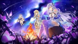  3girls absurdres blonde_hair boots breasts cleavage closed_eyes closed_mouth commentary crystalfly_(genshin_impact) dress firewood floating flower genshin_impact grey_hair hair_flower hair_ornament highres instrument long_hair lumine_(genshin_impact) medium_breasts multiple_girls music night night_sky paimon_(genshin_impact) playing_guitar playing_instrument purple_flower purple_hands purple_thighhighs shooting_star short_hair_with_long_locks sitting skirk_(genshin_impact) sky thigh_boots thighhighs vitaminechan white_boots white_dress white_hair 