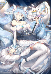  \||/ bare_shoulders blue_eyes blue_hair chinese_commentary collar commentary_request detached_sleeves dress female grin hair_between_eyes hatsune_miku high_heels highres long_hair mixed-language_commentary musical_note partial_commentary phino photoshop_(medium) rabbit rabbit_yukine scepter smile snowflakes thighhighs tiara twintails very_long_hair vocaloid white_legwear yuki_miku yuki_miku_(2019) 