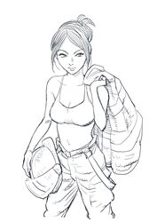  breasts cleavage collarbone commentary_request female greyscale helmet highres holding holding_helmet jacket jacket_on_shoulders line_art medium_breasts midriff monochrome navel original solo sports_bra tied_hair urasawa_naoki 