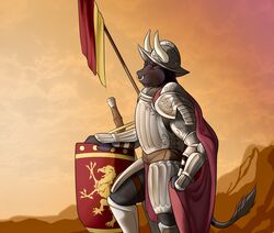  aennor anthro bovid bovine cattle flag furrnion hair horn knight male mammal medieval melee_weapon shield simple_background sword warrior weapon 