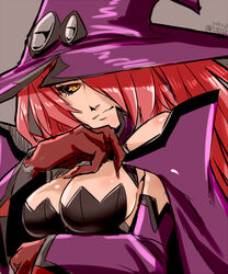  bare_shoulders black_sclera blazblue blazblue:_central_fiction breasts cleavage colored_sclera commentary_request dated elbow_gloves female gloves grey_background hair_over_one_eye hat konoe_a._mercury large_breasts light_smile looking_at_viewer red_hair simple_background solo urujika witch_hat 