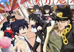  4boys 4girls absurdres akame_(akame_ga_kill!) akame_ga_kill! animal_ears ao_no_exorcist bare_shoulders black_eyes black_hair blake_belladonna blue_eyes breasts cat_ears chains cleavage color_connection commentary crossover curly_hair detached_sleeves eating english_commentary fangs festival food gakuran hair_color_connection hat hiei_(yu_yu_hakusho) highres jacket jojo_no_kimyou_na_bouken kill_la_kill kujo_jotaro long_hair matoi_ryuuko meat medium_breasts midriff multicolored_hair multiple_boys multiple_crossover multiple_girls naruto naruto_(series) naruto_shippuuden navel necktie ninja okumura_rin open_collar open_mouth outdoors pantyhose red_eyes reyfearspsychosis rwby scarf school_uniform senketsu short_hair skirt smile stardust_crusaders suspender_skirt suspenders tales_of_(series) tales_of_berseria teeth trait_connection uchiha_sasuke velvet_crowe yellow_eyes yu_yu_hakusho 