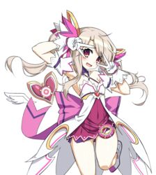  aisha_landar aisha_landar_(cosplay) alternate_costume back_bow blonde_hair blush_stickers bow cosplay dimension_witch_(elsword) double_v elsword fate/kaleid_liner_prisma_illya fate_(series) female gloves hair_ornament illyasviel_von_einzbern microskirt oerba_yun_fang pink_bow purple_skirt red_eyes sando_(dukedevil) skirt solo transparent_background twintails v v_over_eye 