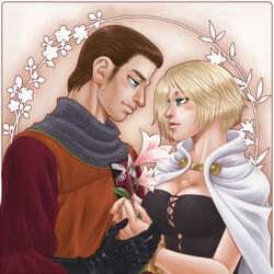  1boy arisen_(dragon&#039;s_dogma) armor arusha blonde_hair blue_eyes breasts brown_hair bustier cape chainmail cleavage commentary_request couple crest dragon&#039;s_dogma dragon&#039;s_dogma_(series) eye_contact facial_hair female flower gauntlets large_breasts lips looking_at_another maximilian_eizenstern nose scar short_hair sideburns straight stubble 