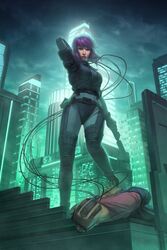  1boy anthony_foti bodysuit building city cloud cloudy_sky cyborg female ghost_in_the_shell kusanagi_motoko night_sky purple_hair realistic red_eyes sky skyscraper wire wires 