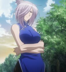  asu_no_yoichi breasts cloud dress female female hair_over_one_eye highres large_breasts purple_hair red_eyes screencap smile solo stitched takatsukasa_angela 