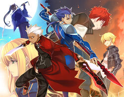  5boys archer_(fate) artoria_pendragon_(fate) azu blonde_hair blue_hair commentary_request cu_chulainn_(fate) cu_chulainn_(fate/stay_night) dual_wielding electricity emiya_shirou fate/stay_night fate_(series) female full_moon gae_bolg_(fate) gilgamesh_(fate) gilgamesh_(immoral_biker_jacket)_(fate) holding holding_polearm holding_sword holding_weapon honeycomb_(pattern) kanshou_&amp;_bakuya_(fate) katana long_hair monohoshizao moon multiple_boys official_alternate_costume ootachi orange_hair over_shoulder polearm red_hair saber_(fate) sasaki_kojirou_(fate) short_hair spear sword sword_over_shoulder weapon weapon_over_shoulder white_hair yin_yang 