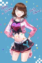  :d ^_^ artist_name bike_shorts black_shirt black_skirt blue_background blush brown_hair character_name closed_eyes clothes_writing collarbone commentary_request confetti cowboy_shot crop_top cropped_jacket cropped_legs female flower fur_collar group_name hands_on_own_hips happy_birthday hyugo jacket long_sleeves love_live! love_live!_sunshine!! miniskirt miracle_wave open_mouth pink_flower pink_jacket pink_rose pleated_skirt rose saitou_shuka shirt short_hair shorts shorts_under_skirt simple_background skirt smile solo tied_shirt voice_actor voice_actor_connection watanabe_you 