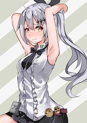  absurdres ahoge armpits arms_up bare_arms bare_shoulders black_bow black_ribbon black_skirt blush bow breasts brown_eyes chains commentary diagonal_stripes female five-seven_(girls&#039;_frontline) girls&#039;_frontline grey_hair grey_skirt hair_between_eyes hair_ornament hair_ribbon highres huaji long_hair looking_at_viewer medium_breasts pleated_skirt ponytail ribbon shirt sidelocks sitting skirt sleeveless sleeveless_shirt smiley_face solo striped striped_background trap_(drthumt) very_long_hair 