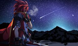  1boy armor breath cape elsword elsword_(character) gloves lord_knight_(elsword) male_focus night night_sky pauldrons red_hair sando_(dukedevil) shooting_star shoulder_armor sky snow solo star_(sky) starry_sky sword weapon 