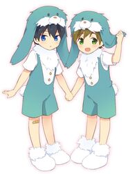  2boys :&lt; :d aged_down animal_hood bandaid bandaid_on_knee bandaid_on_leg black_hair blue_eyes blush brown_hair dog_hood free! full_body green_eyes high_speed! holding_hands hood lolicon male_focus mo_(nmnme) multiple_boys nanase_haruka_(free!) open_mouth protected_link simple_background smile standing tachibana_makoto white_background 