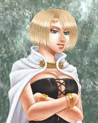  arisen_(dragon&#039;s_dogma) arusha bangle blonde_hair blue_eyes bracelet breasts bustier cape circlet cleavage commentary_request crossed_arms dragon&#039;s_dogma dragon&#039;s_dogma_(series) female jewelry large_breasts lips nose scar solo 