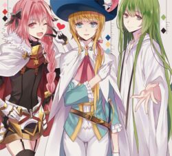  1boy 2others androgynous astolfo_(fate) black_thighhighs blonde_hair blue_eyes blush braid braided_ponytail cape chevalier_d&#039;eon_(fate) commentary_request enkidu_(fate) fate/apocrypha fate/grand_order fate/strange_fake fate_(series) garter_straps green_eyes green_hair hair_ribbon hat jewelry long_hair looking_at_viewer multiple_others necklace noka_(blackheart1118) oerba_yun_fang open_mouth otoko_no_ko pink_hair ponytail protected_link purple_eyes ribbon robe single_braid smile thighhighs trait_connection 