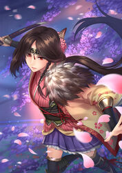  blue_skirt braid brown_hair cherry_blossoms commentary_request female highres japanese_clothes katana long_hair md5_mismatch ouka_(toukiden) photoshop_(medium) ponytail red_eyes side_braid skirt solo sword toukiden very_long_hair w_rong weapon 