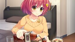  ameto_yuki bed blush bottle breasts collarbone cup doumyouji_moemi drink female food game_cg highres large_breasts looking_at_viewer pillow pure_x_connect red_hair short_hair sitting smile steam yellow_eyes 