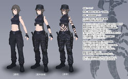  bare_shoulders baseball_cap black_hair boots braid buckle camouflage commentary elbow_pads female fingerless_gloves gloves hat helevu hetza_(hellshock) knee_pads knife long_hair midriff multiple_views navel original red_eyes scorpion_tattoo shoulder_tattoo single_braid sleeveless snap-fit_buckle tattoo toned translated turtleneck variations 