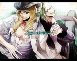  2boys akizuki_hakuto back-to-back bartolomeo blonde_hair blue_eyes cavendish character_name commentary_request fur_trim green_hair hat long_hair male_focus multiple_boys nose_piercing nose_ring oerba_yun_fang one_piece piercing tattoo v-neck 