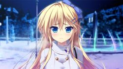  ameto_yuki blonde_hair blue_eyes blush coat fountain game_cg hair_ornament hair_ribbon hairclip highres konno_arisa long_hair looking_at_viewer night pure_x_connect ribbon sad sky solo standing tree trees upper_body water 