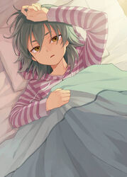  1boy aqua_hair bed blanket commentary_request from_above inazuma_eleven_(series) inazuma_eleven_go kariya_masaki looking_at_viewer lying male_focus parted_lips pillow revision riho solo under_covers yellow_eyes 