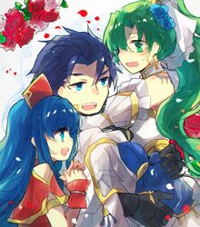  2girls armor banned_artist bare_shoulders blue_eyes blue_hair blush closed_eyes couple detached_sleeves dress father_and_daughter fire_emblem fire_emblem:_fuuin_no_tsurugi fire_emblem:_rekka_no_ken fire_emblem_heroes gloves green_eyes green_hair hands_clasped hat hector_(fire_emblem) high_ponytail jewelry lilina long_hair lyndis_(fire_emblem) mother_and_daughter multiple_girls nunuko_(mu661129) open_mouth own_hands_together ponytail short_hair smile straight strapless strapless_dress wedding_dress 