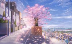  bridge building cherry_blossoms cityscape cloud commentary house kagumanikusu mirror no_humans original outdoors railing river road scenery sky spring_(season) stairs street sunlight sunrise tree vanishing_point 