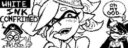  1-bit animal_humanoid blush bodily_fluids callie_(splatoon) cephalopod cephalopod_humanoid drooling ear_piercing english_text fangs female group humanoid humanoid_pointy_ears inkling looking_at_viewer low_res male marie_(splatoon) marine marine_humanoid miiverse mollusk mollusk_humanoid monochrome nintendo piercing pseudo_hair saliva simple_background speech_bubble splatoon squid_sisters_(splatoon) teeth tentacle tentacle_hair text trio white_background 