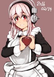  alternate_costume apron blush breasts candy chocolate commentary_request deni_m enmaided female food headphones heart heart-shaped_chocolate large_breasts long_hair looking_at_viewer maid maid_apron nitroplus pink_hair red_eyes skirt smile solo super_sonico 