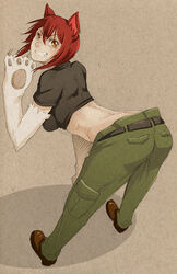  animal_hands ass babydoll_t-shirt bad_deviantart_id bad_id bankage bent_over breasts butt_crack cargo_pants crop_top female from_behind full_body grin kaibutsu_oujo looking_back medium_breasts midriff oerba_yun_fang pants red_hair riza_wildman shoes short_hair smile solo yellow_eyes 