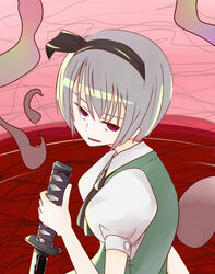  commentary_request female grey_hair hair_ribbon hitodama katana konpaku_youmu konpaku_youmu_(ghost) monomi_(nasdai) red_eyes ribbon short_hair solo sword touhou weapon 