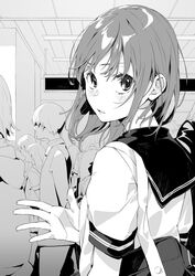  absurdres bag blush commentary_request crowd female from_side greyscale highres indoors looking_at_viewer looking_back monochrome original parted_lips school school_bag school_uniform serafuku short_sleeves shoulder_bag solo_focus tsukugu upper_body wavy_mouth 