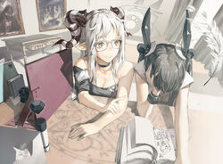  2girls aituoku arm_support bad_id bad_pixiv_id black_hair book breasts cleavage glasses grey_eyes horns long_hair medium_breasts monster_girl multiple_girls original pointy_ears reading short_hair single_horn sitting smile white_eyes white_hair 