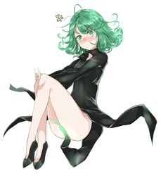  absurdres anger_vein aoi_takeru black_dress black_footwear blush closed_mouth commentary_request dress female flats floating full_body green_eyes green_hair highres long_sleeves looking_at_viewer one-punch_man shoes short_hair simple_background solo tatsumaki telekinesis white_background 