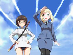  2girls alternate_costume black_legwear blonde_hair blue_sky blush brown_eyes brown_hair cloud commentary_request contrail cowboy_shot day elma_leivonen formal garrison_cap glasses green_eyes hand_on_own_head hands_on_own_hips hat jacket kaneko_(novram58) katana looking_at_viewer multiple_girls necktie no_pants open_mouth pantyhose pencil_skirt sakomizu_haruka short_hair skirt skirt_suit sky smile strike_witches:_suomus_misfits_squadron suit swimsuit swimsuit_under_clothes sword sword_behind_back weapon weapon_on_back world_witches_series 