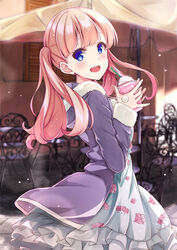  :d arisa_eloise_beau-regard bad_id bad_pixiv_id blonde_hair blue_eyes blush chair cup day disposable_cup dress drink drinking_straw female floral_print from_side head_tilt holding jacket long_hair long_sleeves looking_at_viewer open_mouth outdoors print_dress purple_jacket raramagi rurukuru smile solo sparkle twintails white_dress 