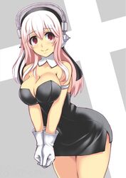  bare_shoulders blush breasts cleavage commentary_request deni_m detached_collar dress female gloves habit headphones large_breasts long_hair looking_at_viewer nitroplus nun pink_hair smile solo super_sonico v_arms white_gloves 