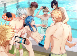  6+boys black_hair blonde_hair blue_hair camera canine clear_(dramatical_murder) commentary_request dramatical_murder earrings glasses green_eyes innertube jewelry koujaku male_focus male_swimwear multiple_boys muscular nipples noiz_(dramatical_murder) pool red_hair ren_(dramatical_murder) seragaki_aoba shorts smile standing swim_briefs swim_ring swim_trunks tattoo topless_male trip_(dramatical_murder) virus_(dramatical_murder) wanrenzaogao water white_hair 