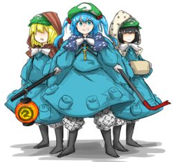  3girls bad_id bad_nicoseiga_id black_footwear black_hair blonde_hair blue_eyes blue_hair blue_skirt boots bow commentary crowbar dark_haired_kappa faceless faceless_female full_body gloves grin hair_bobbles hair_ornament hat holding holding_crowbar hood kankan33333 kappa_mob_(touhou) kawashiro_nitori key lantern long_sleeves looking_at_viewer multiple_girls pocket polka_dot puffy_long_sleeves puffy_sleeves simple_background skirt smile standing teeth touhou two_side_up white_background white_bow white_gloves 