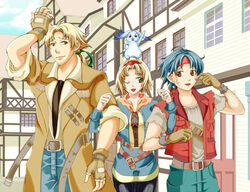  2boys ahoge aomidoro_(pixiv_317717) bad_id bad_pixiv_id belt blonde_hair blue_hair brown_eyes cecilia_lynne_adelhyde coat denim female gloves green_eyes hairband headband jack_van_burace jeans jewelry long_hair multiple_boys open_mouth pants pantyhose red_hairband red_vest rody_roughnight shirt short_hair smile vest wild_arms wild_arms_1 