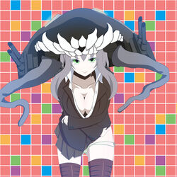  abyssal_ship blazer blush breast_hold breasts cleavage clothes_lift collarbone collared_shirt commentary_request cosplay crimt crossed_arms downblouse female flat_color green_eyes green_panties grey_hair hat highres jacket kantai_collection large_breasts leaning_forward light_smile long_hair looking_at_viewer micro_panties pale_skin panties panty_pull pantyshot patterned_background photoshop_(medium) pink_background pleated_skirt school_uniform shirt skirt skirt_lift solo standing suzuya_(kancolle) suzuya_(kancolle)_(cosplay) tentacle thighhighs thighs tsurime underwear uniform white_shirt wo-class_aircraft_carrier 