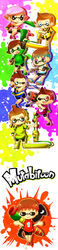  4boys 4girls aerospray_(splatoon) ahoge aiming animal_crossing arm_up bad_id bad_pixiv_id bike_shorts black_eyes blaster_(splatoon) blue_eyes blue_shirt brown_eyes brown_hair commentary_request company_connection cosplay echolocator_(splatoon) floon floral_print green_eyes green_shirt gun half-closed_eyes highres ink_tank_(splatoon) inkling_player_character inkling_player_character_(cosplay) inkzooka_(splatoon) long_sleeves multiple_boys multiple_girls one_eye_closed paint_roller paint_splatter pink_hair pink_shirt purple_shirt red_shirt rifle shirt short_hair short_twintails smile solid_circle_eyes splat_charger_(splatoon) splat_roller_(splatoon) splatoon_(series) splatoon_1 splattershot_jr_(splatoon) squiffer_(splatoon) striped_clothes striped_shirt super_smash_bros. super_soaker tall_image twintails villager_(animal_crossing) water_gun weapon white_background yellow_shirt 