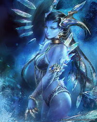  agnidevi bikini black_hair blue_skin breasts cleavage colored_skin commentary_request female final_fantasy green_eyes horns ice long_hair medium_breasts mobius_final_fantasy photoshop_(medium) shiva_(final_fantasy) solo swimsuit 