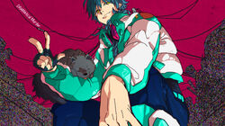  1boy bad_id bad_pixiv_id blue_hair canine collar dramatical_murder fingerless_gloves from_below gloves headphones headphones_around_neck honey92 jacket long_hair looking_at_viewer male_focus photoshop_(medium) ren_(dramatical_murder) seragaki_aoba single_glove smile solo spiked_collar spikes squatting tongue tongue_out wire yellow_eyes 