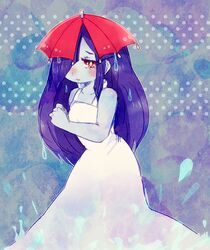  ameonna_(youkai_watch) bad_id bad_pixiv_id blue_skin blush colored_skin dress female hair_over_one_eye long_hair purple_hair rurunankonanta solo umbrella white_dress youkai_(youkai_watch) youkai_watch 