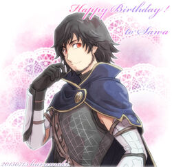  1boy arisen_(dragon&#039;s_dogma) armor bad_id bad_pixiv_id black_gloves black_hair bracer cape dated dragon&#039;s_dogma dragon&#039;s_dogma_(series) elbow_gloves facial_hair gloves goatee happy_birthday harumaki-g male_focus red_eyes sideburns solo 