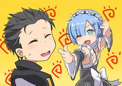  1boy ;d apron bad_id bad_pixiv_id black_hair blue_eyes blue_hair braid commentary female hair_over_one_eye kobayashi-san_chi_no_maidragon maid maid_apron maid_headdress natsuki_subaru one_eye_closed open_mouth parody re:zero_kara_hajimeru_isekai_seikatsu rem_(re:zero) roswaal_mansion_maid_uniform short_hair smile tochibi trait_connection twin_braids waist_apron 