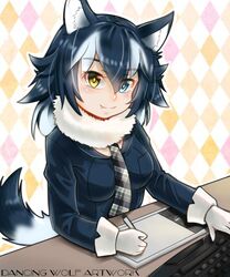  5:6 animal_humanoid blue_eyes blue_hair blush breasts canid canid_humanoid canine canine_humanoid clothed clothing cute_fangs dancing_wolf drawing_tablet electronics english_text female gloves grey_wolf_(kemono_friends) hair handwear heterochromia hi_res humanoid inner_ear_fluff kemono_friends keyboard looking_at_viewer mammal mammal_humanoid necktie smile solo tablet text tuft white_hair wolf_humanoid yellow_eyes 